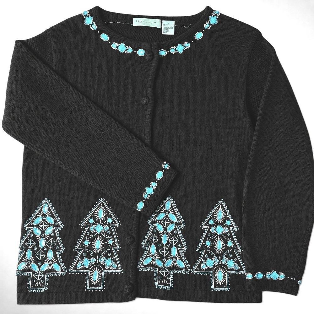 Inspired by Belle Pointe Black Christmas Tree Beaded Cardigan L 90s Vintage